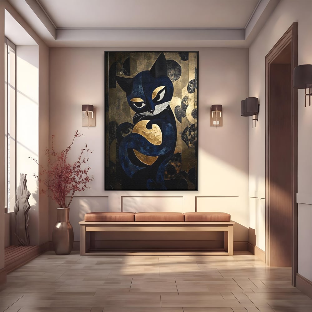 Tablou canvas cu tablou canvas cu pisica neagra si aurie, in rama de aluminiu negru
